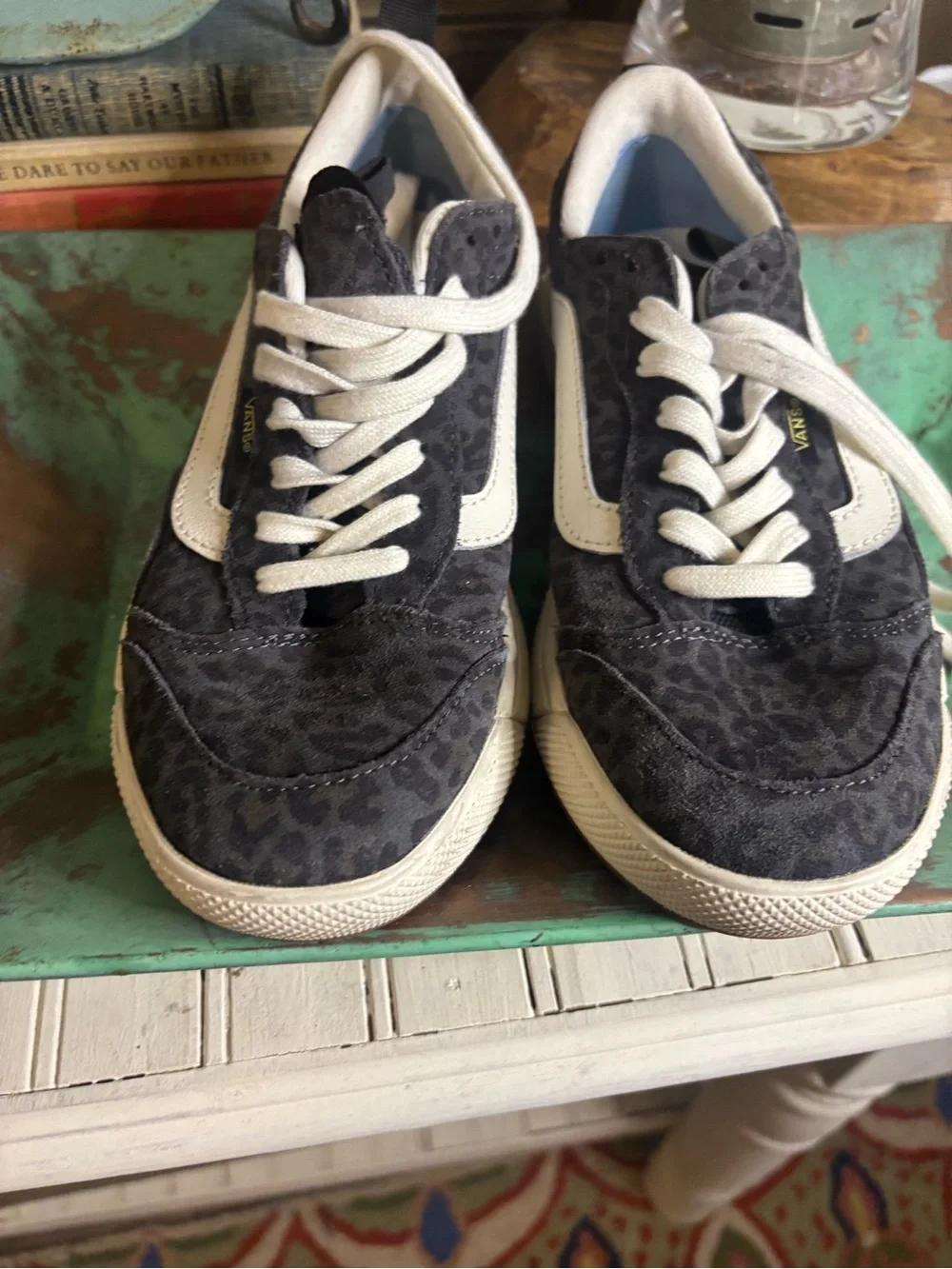 Vans Women's Black Leopard-Print Low-Top Skate Sneakers with Cream Stripe